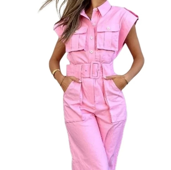 Jumpsuit for Women,Fashion Casual Solid Color Polo Pocket Design Long Jumpsuit - Picture 2 of 4